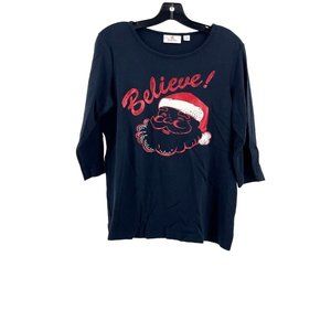 Santa Claus Believe Graphic Women's Black 3/4 Sleeve T Shirt Tee Christmas Sz S